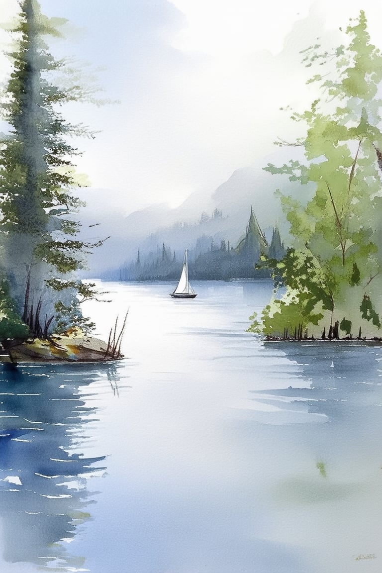 A delicate watercolor painting depicts a serene morning scene: a misty lake surrounded by lush greenery and towering trees. Soft brushstrokes blend gentle hues of blue and gray, with subtle texture suggesting the roughness of tree bark and the softness of foliage. A few wispy clouds drift lazily across the sky, while a tiny sailboat glides peacefully across the water.