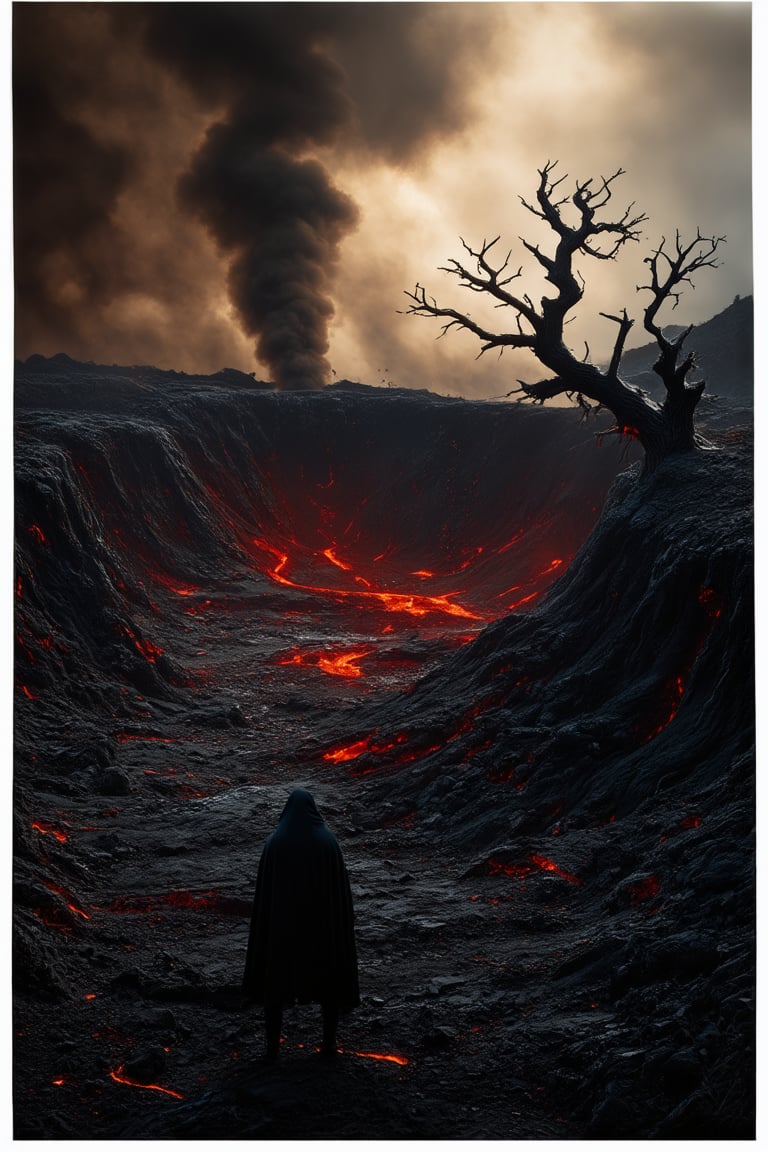 A surreal landscape of a desolate, darkside world: twisted tree silhouettes frame a smoldering volcanic crater, where ash clouds swirl and crimson lava flows like molten rivers. A lone figure, cloaked in shadows, stands at the edge, gazing out upon the apocalyptic wasteland, as if contemplating the fate of this forsaken realm.