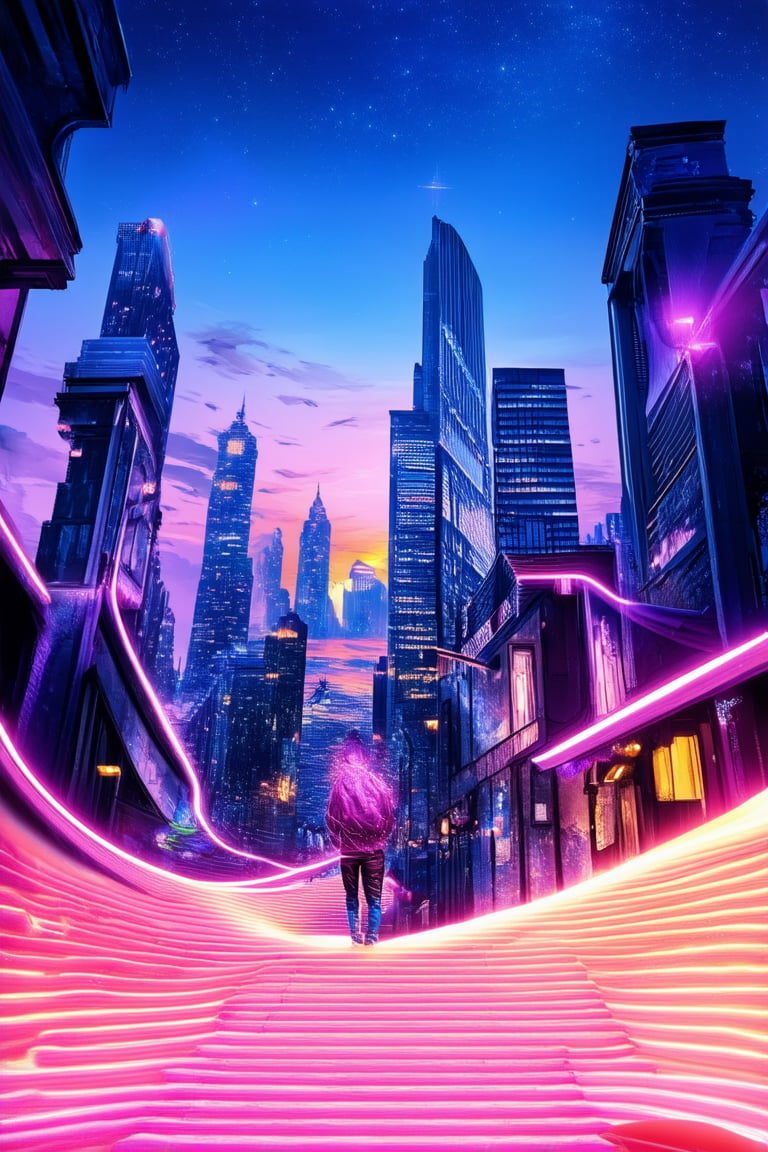 A vibrant, surreal dreamscape: A cityscape at sunset, with towering skyscrapers and winding streets dissolving into a swirling vortex of purple, pink, and blue hues. In the foreground, a lone figure stands atop a glowing, iridescent staircase, arms outstretched as if embracing the dreamworld. The sky above is ablaze with stars and shooting lights.