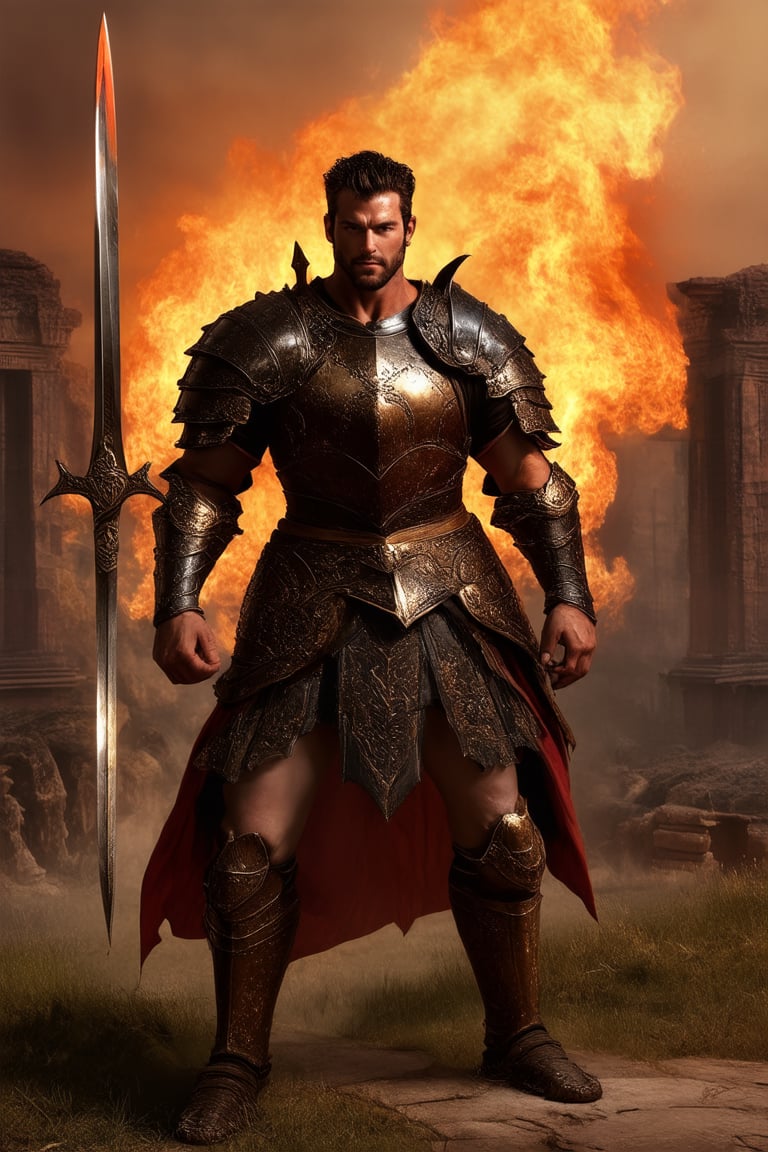 A majestic warrior stands proudly against a fiery orange sunset, ancient ruins sprawling behind him. His worn leather armor glistens with a hint of golden light, as he holds aloft a mighty sword, its intricately designed hilt shining with a legendary sheen. The composition emphasizes his heroic stature amidst the crumbling architecture, a testament to timeless legend.