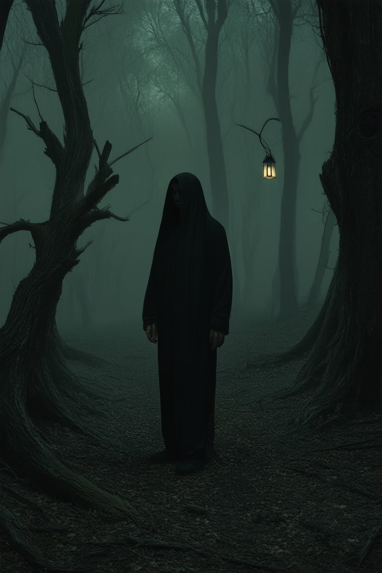 A dimly lit, eerie forest at dusk. A lone figure stands amidst twisted tree trunks, shrouded in shadows. The only light comes from a faint, flickering lantern held by the figure's hand, casting an otherworldly glow on their determined face. The atmosphere is heavy with foreboding and secrecy.