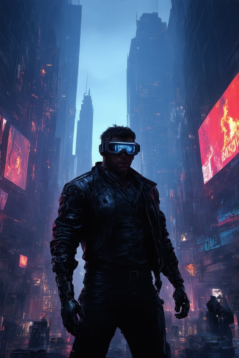 A gritty, neon-lit cityscape at dusk, with towering skyscrapers and holographic advertisements flickering like fireflies. In the midst of this dystopian metropolis, a lone figure - CyberPunkBoom - emerges from the shadows, dressed in tattered leather and augmented reality goggles, ready to take on the corporate overlords with a cybernetic arm and a rebellious spirit.