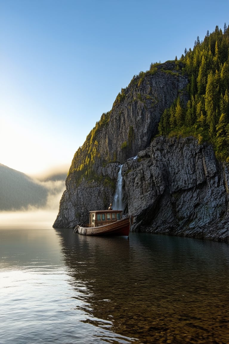 A serene Nordic landscape in Halaland: A tranquil fjord stretches out to the horizon, with misty mountains rising in the distance. Soft sunlight casts a warm glow on the rustic wooden boat docked by the shore. The camera frames a stunning waterfall cascading down the rocky cliffs, surrounded by lush greenery and wispy fog. Realistic depiction of Halaland's untouched beauty.