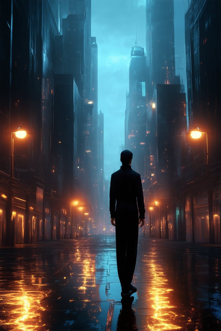 A futuristic cityscape at dusk, with neon lights reflecting off wet pavement, as a lone figure in a sleek black jumpsuit stands atop a skyscraper, gazing out at the glowing metropolis. The soft glow of streetlights casts an ethereal ambiance, while a faint blue hue of the setting sun lingers on the horizon.