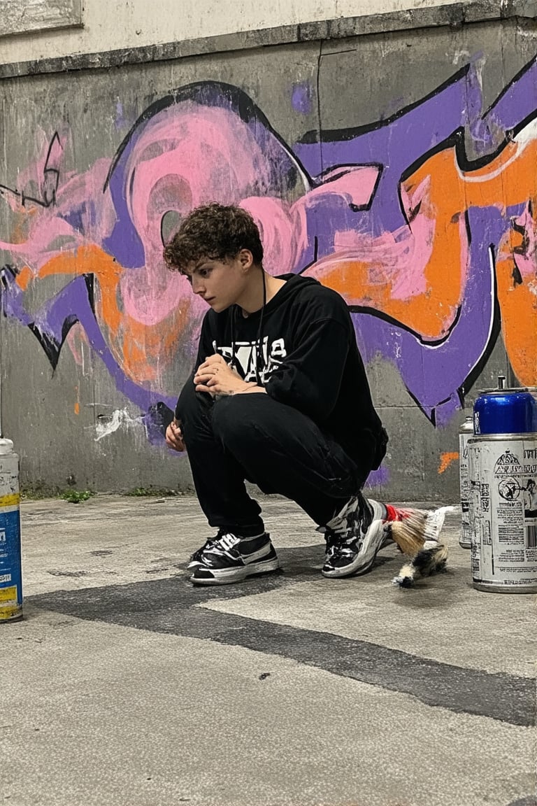 A vibrant urban scene with a bold, colorful graffiti mural as the focal point. A young person, likely a teenager, dressed in streetwear, crouches on the ground, surrounded by spray cans and brushes, with a confident expression as they add finishing touches to their artwork. The wall behind them is covered in swirling patterns of purple, pink, and orange hues, blending together seamlessly. Natural light pours in from above, casting a warm glow on the scene.