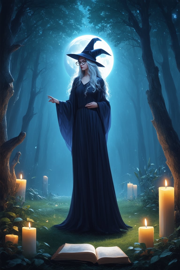 A whimsical, yet grounded scene unfolds: a mystical forest glows with an otherworldly light, as if moonbeams danced amidst towering trees. In the midst of this enchanted landscape, a bespectacled witch stands tall, her long silver hair flowing like mist, surrounded by a halo of candlelight and ancient tomes. The air is heavy with the scent of old parchment and mystic incantations.