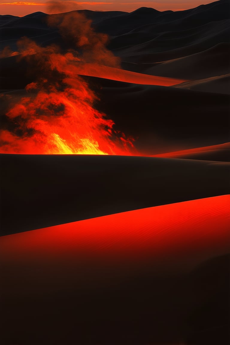 A fiery red blaze engulfs a warm sandy dune as the sun sets in the desert landscape, casting a golden glow on the rugged terrain. The vibrant hue of the flames illuminates the darkening sky, with smoke tendrils dancing upward like wispy brushstrokes.