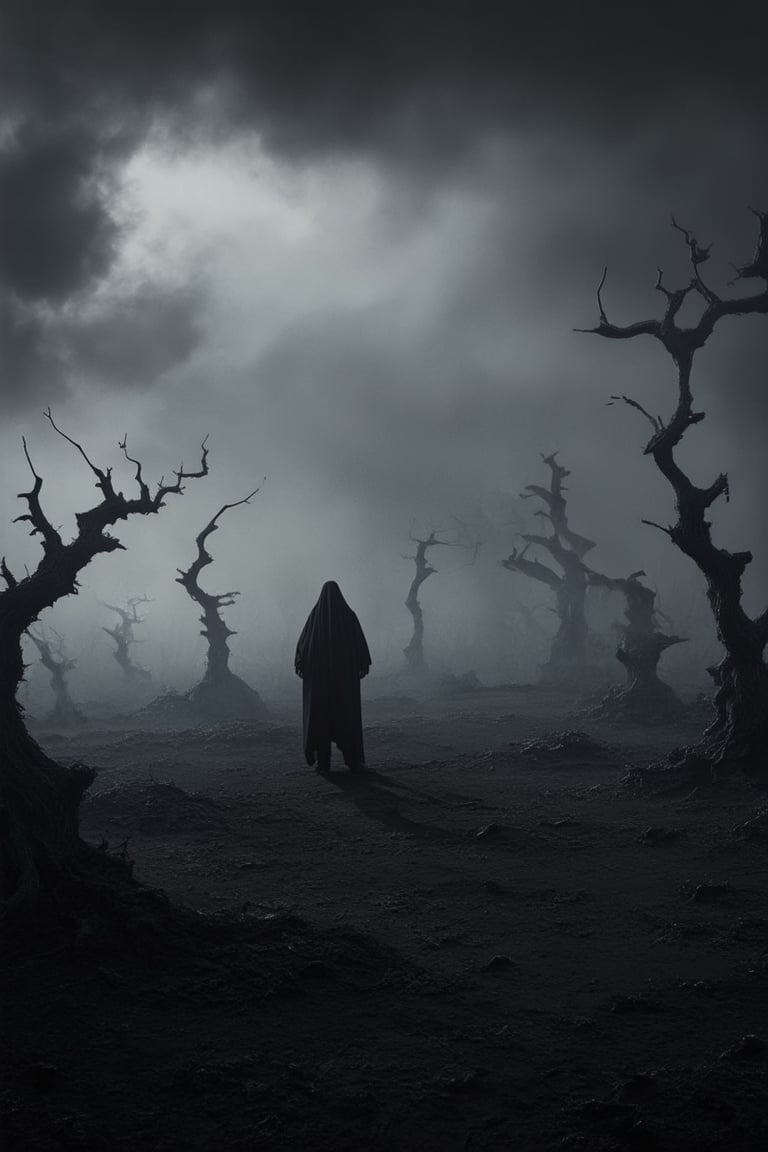 A dimly lit, ominous world with a dark gray sky and wispy clouds, set against a backdrop of twisted, gnarled trees. The air is thick with mist, casting long shadows across the barren landscape. In the foreground, a lone figure stands, shrouded in darkness, its features obscured by the eerie gloom.