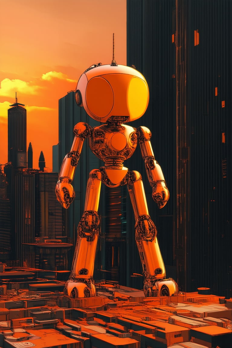 A futuristic cityscape at sunset, with a robotic figure standing tall in the foreground, its metallic body glowing warmly under the soft orange light. The mix of human and mechanical elements creates an intriguing contrast amidst the modern architecture, with bold lines and geometric shapes reflecting off the robot's reflective surfaces.