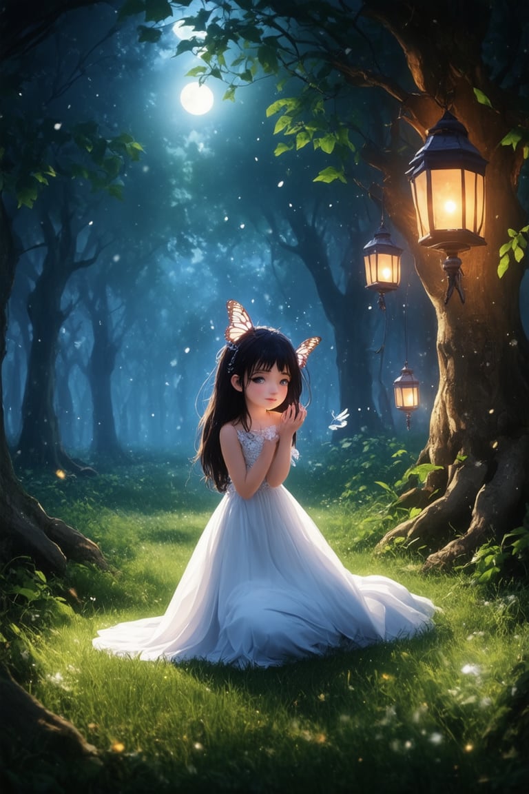 A whimsical forest glade, bathed in soft moonlight, with towering trees adorned with glowing lanterns and delicate vines. A young girl, dressed in a flowing white gown, kneels amidst the lush greenery, her hands gently cradling a delicate, iridescent butterfly as it takes flight. The air is filled with a faint mist of fairy dust, casting a dreamy ambiance over the serene scene.