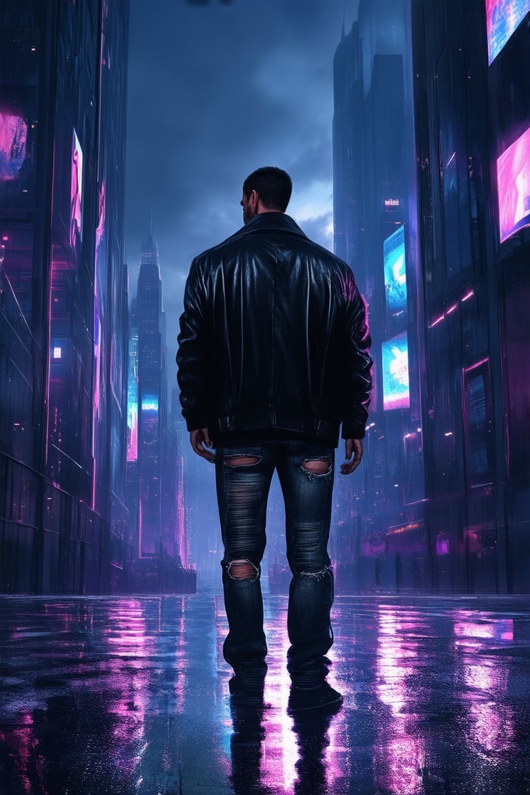 A gritty cityscape at dusk: neon lights reflected in wet pavement as a lone figure in black leather jacket and ripped jeans stands atop a skyscraper's rooftop, gazing out upon the sprawling metropolis. Flickering holographic advertisements dance in the darkness, casting a cyberpunk glow on the character's determined expression.