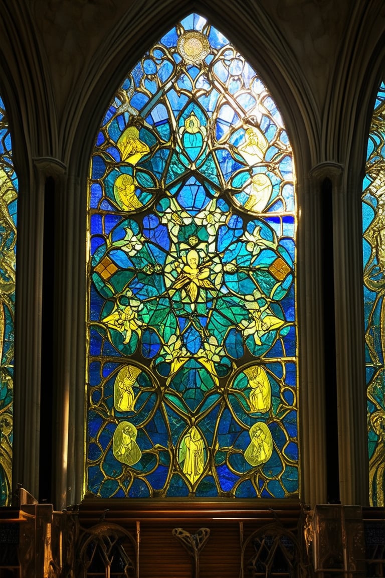 A majestic stained glass window frames the vibrant colors within a Gothic-inspired chapel, sunlight streaming through the intricate panes to illuminate a kaleidoscope of blues, greens, and yellows. Delicate filigree patterns dance across the surface as saints and angels appear to hover in ethereal glory.