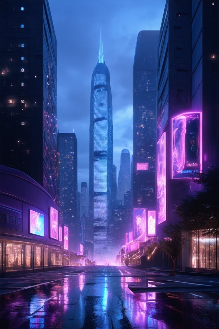 Capture a futuristic cityscape at dusk with vibrant neon lights illuminating the towering skyscrapers. Softly glowing holographic advertisements flutter on building facades as a sleek spaceship lands in the distance, casting a long shadow across the wet asphalt. The atmosphere is electric with pulsing blue and purple hues, as if the very air itself is charged with energy.