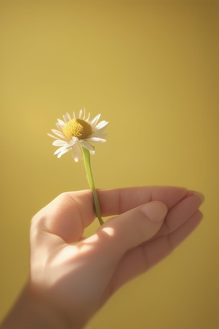 Soft focus photograph of a delicate hand holding a single, blooming flower against a warm, sunny yellow background, with gentle shadows and subtle highlights emphasizing the petals' texture. The subject's fingers softly cradle the stem, creating a sense of tenderness and serenity.