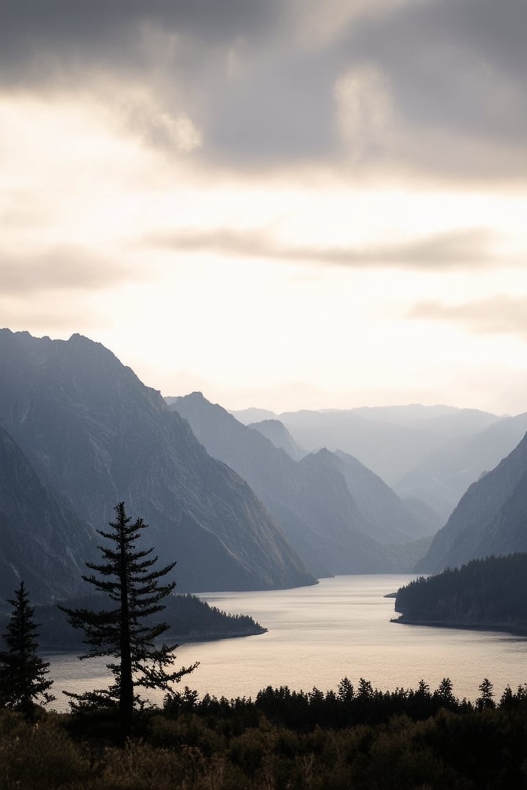 A serene Norwegian-inspired landscape: a vast expanse of misty mountains, their rugged peaks shrouded in wispy clouds. A tranquil fjord stretches out to the left, reflecting the soft, golden light of dawn. In the foreground, a few scattered trees stand sentinel, their branches swaying gently in the morning breeze. The overall atmosphere is one of peaceful seclusion.