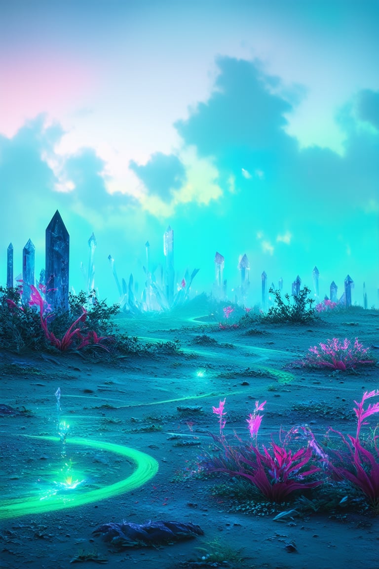 A vibrant, neon-lit landscape on a distant planet, 'Cyan Planet', with a misty atmosphere and iridescent clouds. The ground, a deep blue hue, glows softly from within, while strange, glowing plants sway gently in the breeze. In the distance, towering crystal formations pierce the sky, their facets reflecting hues of pink, purple, and blue.