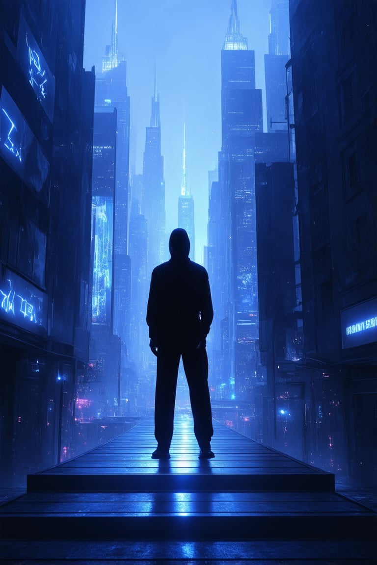 A futuristic cityscape at dusk, with neon lights illuminating the towering skyscrapers. A lone figure, dressed in a sleek black jumpsuit, stands atop a catwalk, silhouetted against the vibrant hues of the urban landscape. The soft glow of holographic advertisements casts an eerie blue light on the surrounding buildings, while the protagonist's face is illuminated by a spotlight, highlighting their determined expression.