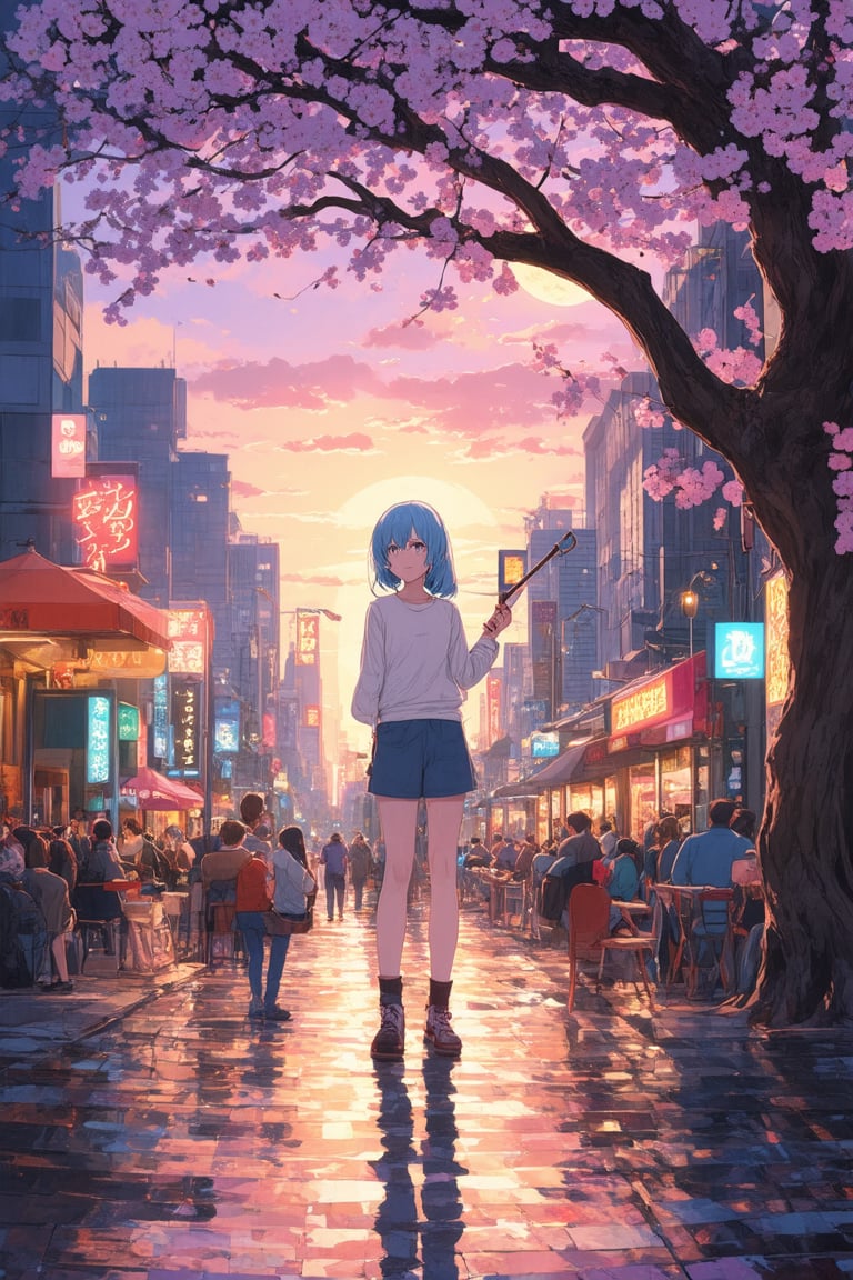 A vibrant anime illustration: Kaghi stands proudly in a whimsical cityscape at sunset, with pastel hues of pink and orange casting a warm glow. Framed by a majestic cherry blossom tree, Kaghi's bright blue hair flows like a river, as they hold a gleaming crescent moon-shaped staff. The atmosphere is lively, with neon lights reflecting off the wet pavement, and citizens enjoying street food and live music in the background.