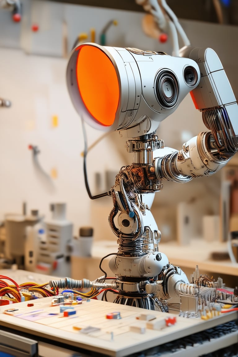 Close-up shot of a futuristic robotic arm, gleaming metallic surface reflecting studio lights, with wires and tools scattered across a workbench in the background. The robot's mechanical limbs are entwined with colorful wires, forming a mesmerizing mix of tech and art.