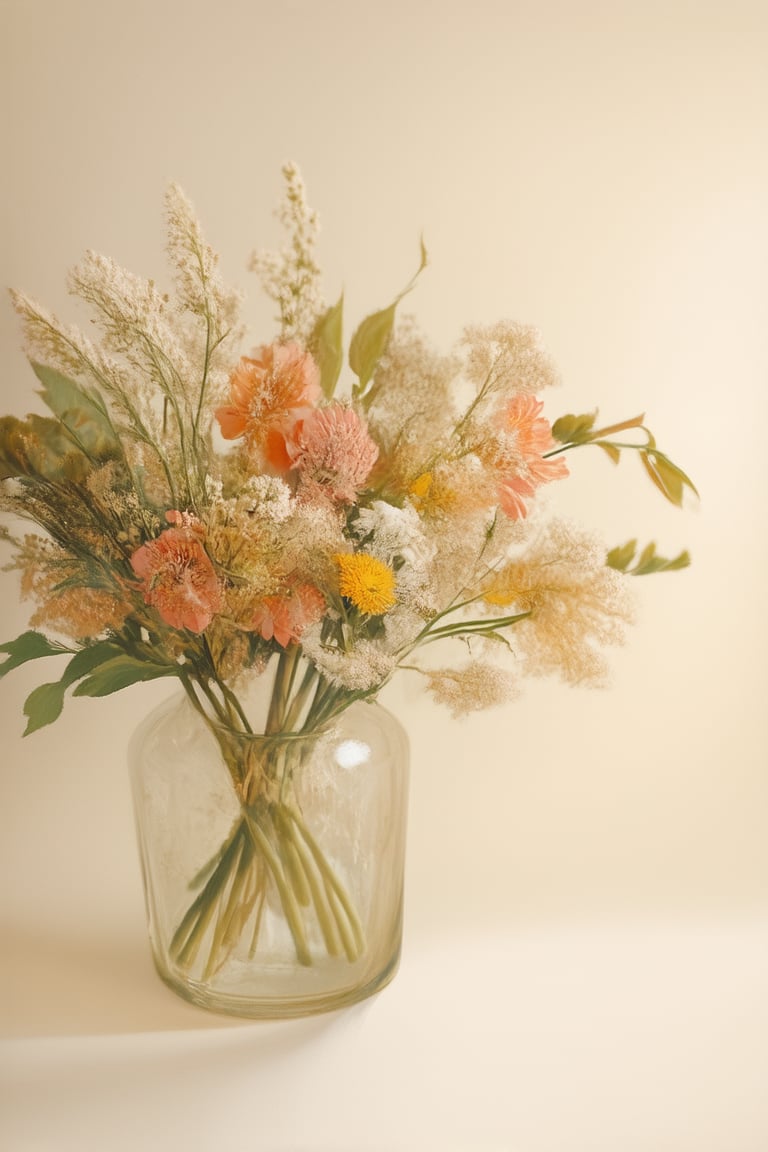 A serene still life scene featuring a delicate bouquet of colorful flowers against a soft, creamy white background. The petals gently unfold, framing the subject with a natural, organic shape. Warm golden light casts a gentle glow, emphasizing the textures and subtle color variations within the blooms.