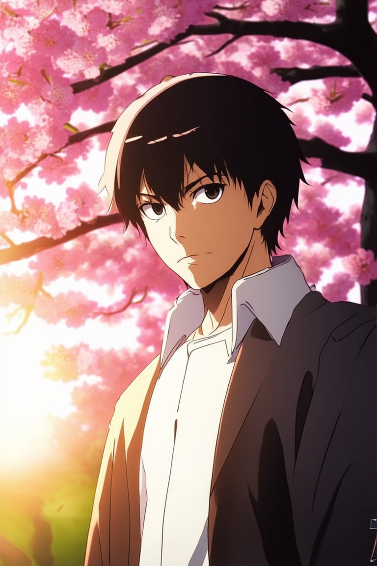 A dramatic anime scene: Kaghi's striking features are illuminated by a soft golden glow emanating from the setting sun behind him. He stands confidently in front of a vibrant pink cherry blossom tree, his eyes gleaming with determination as he gazes out at the viewer. The background is blurred, focusing attention on Kaghi's powerful pose and expressive facial expression.