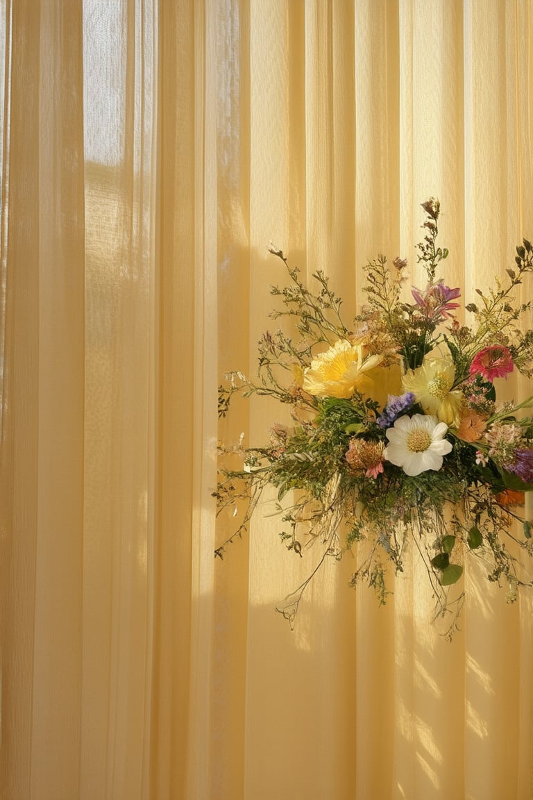 A serene and vibrant floral arrangement against a warm yellow background, with delicate petals and intricate details of various flower species artfully arranged in a circular composition, softly lit by gentle morning sunlight filtering through sheer curtains.