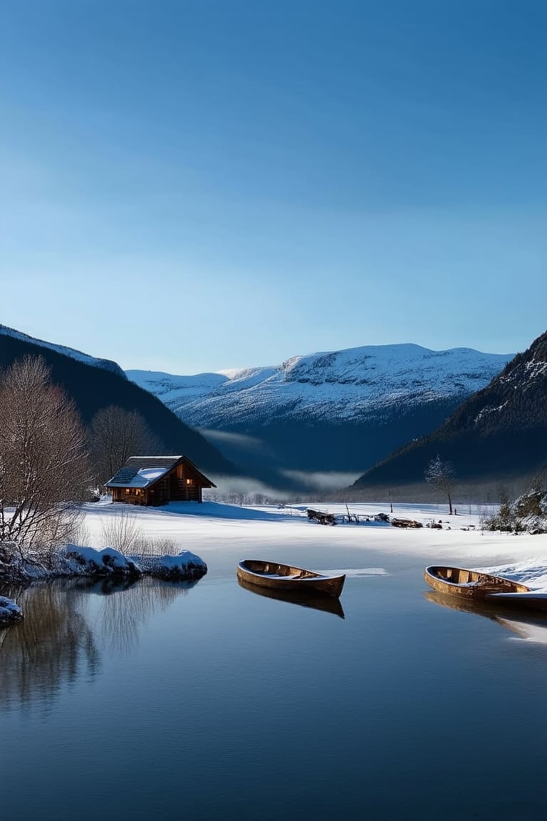 A serene winter landscape in Halaland, Norway: a majestic fjord stretches out to the horizon, its crystalline waters reflecting the snow-capped mountains and lush greenery. A gentle mist rises from the valley floor, as a few wooden boats bob gently on the water's edge. Soft sunlight casts a warm glow, illuminating the rustic cabins and snow-covered trees.