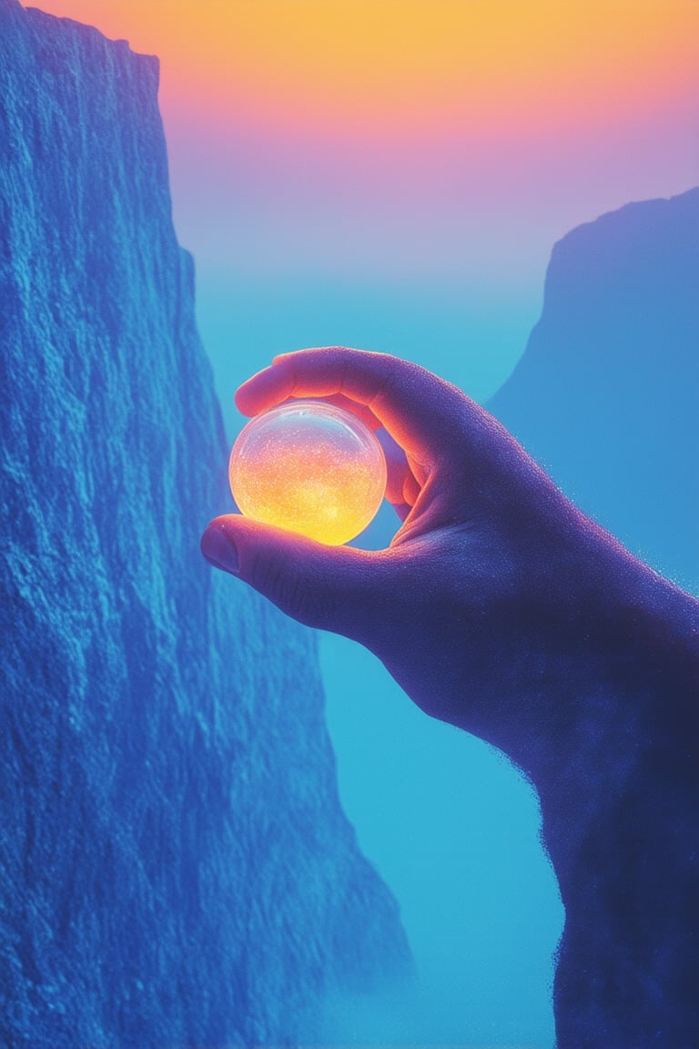 A surreal, dreamlike scene unfolds in 'Gradient World', where vibrant hues of blue and orange blend seamlessly into a mesmerizing gradient. In the foreground, a lone figure stands at the edge of a precipice, gazing out at the endless colorscape before them. The subject's pose is contemplative, with one hand grasping the edge of the cliff and the other holding a small, glowing orb. Soft, diffuse lighting casts an ethereal glow on the scene, while the gradient itself appears to shift and ripple like liquid.