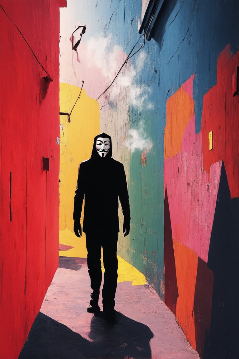 A lone figure in a dark alleyway, shrouded in mystery, dons a Guy Fawkes mask, echoing the iconic imagery of Banksy's subversive street art. The silhouette is backlit by flickering fluorescent lights, casting an eerie glow on the graffiti-covered walls. A faint hint of smoke wafts through the air, adding to the enigmatic atmosphere.