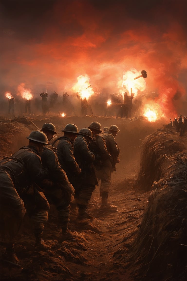 A dramatic depiction of a World War I battlefield at dusk, with soldiers huddled together in trenches, illuminated by the warm glow of flares and artillery fire. The sky is painted with hues of crimson and orange as the sun sets behind the devastation, casting long shadows across the muddy terrain.