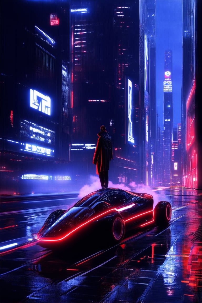 A futuristic cityscape at dusk, neon lights reflecting off wet pavement as a lone figure in a dark coat and mirrored sunglasses stands atop a skyscraper, overlooking a sprawling metropolis. The city's towering architecture glows with an eerie blue light, while holographic advertisements swirl around the figure. A sleek hovercar zooms past, leaving a trail of smoke.