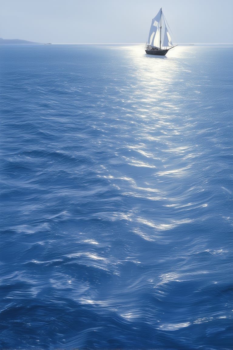 A majestic blue ocean sprawls across the frame, with gentle waves caressing the shore. Soft sunlight casts a warm glow on the water's surface, creating a subtle gradient of blues and whites. A sailboat glides effortlessly across the bay, its white sails billowing in the breeze as it disappears into the distance, leaving behind a trail of ripples.