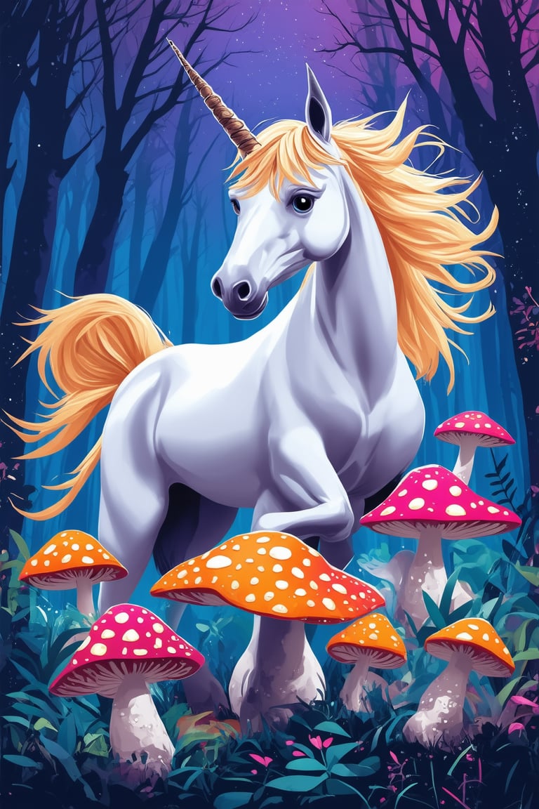 A vibrant 2D illustration art piece featuring a whimsical forest scene with a majestic unicorn standing tall amidst a cluster of colorful mushrooms, its horn glowing softly in a warm golden light. The background is a deep blue-purple hue, with intricate swirling patterns reminiscent of Celtic knotwork. The unicorn's pose is confident and regal, with its front leg bent slightly as if ready to pounce or gallop forward.