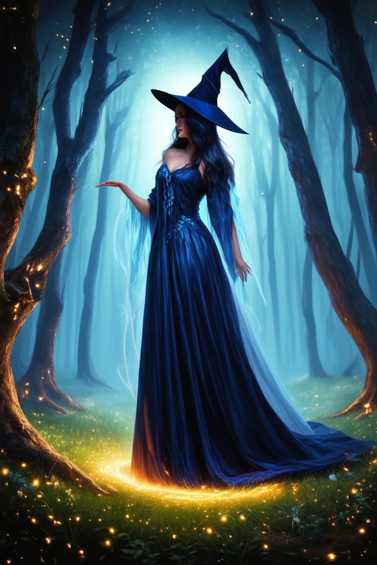 A mystical forest glows with an otherworldly light, as a bewitching sorceress stands poised amidst ancient trees, her ethereal gown shimmering like moonlit mist. The air is heavy with the scent of mystic herbs, and tiny sparks dance around her fingers, casting an aura of enchantment.