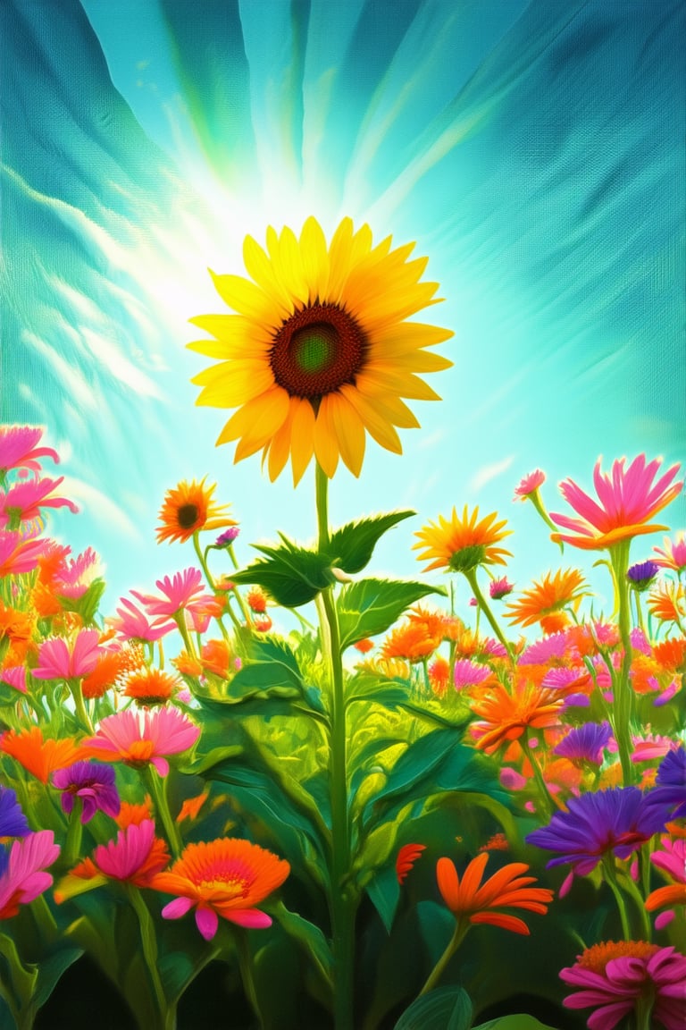 A whimsical scene unfolds as a bright yellow sunflower stands tall amidst a tapestry of colorful flowers in full bloom. The warm sunlight casts a golden glow on the petals, while the vibrant hues of pink, orange, and purple create a mesmerizing dance of color against the soft green foliage.