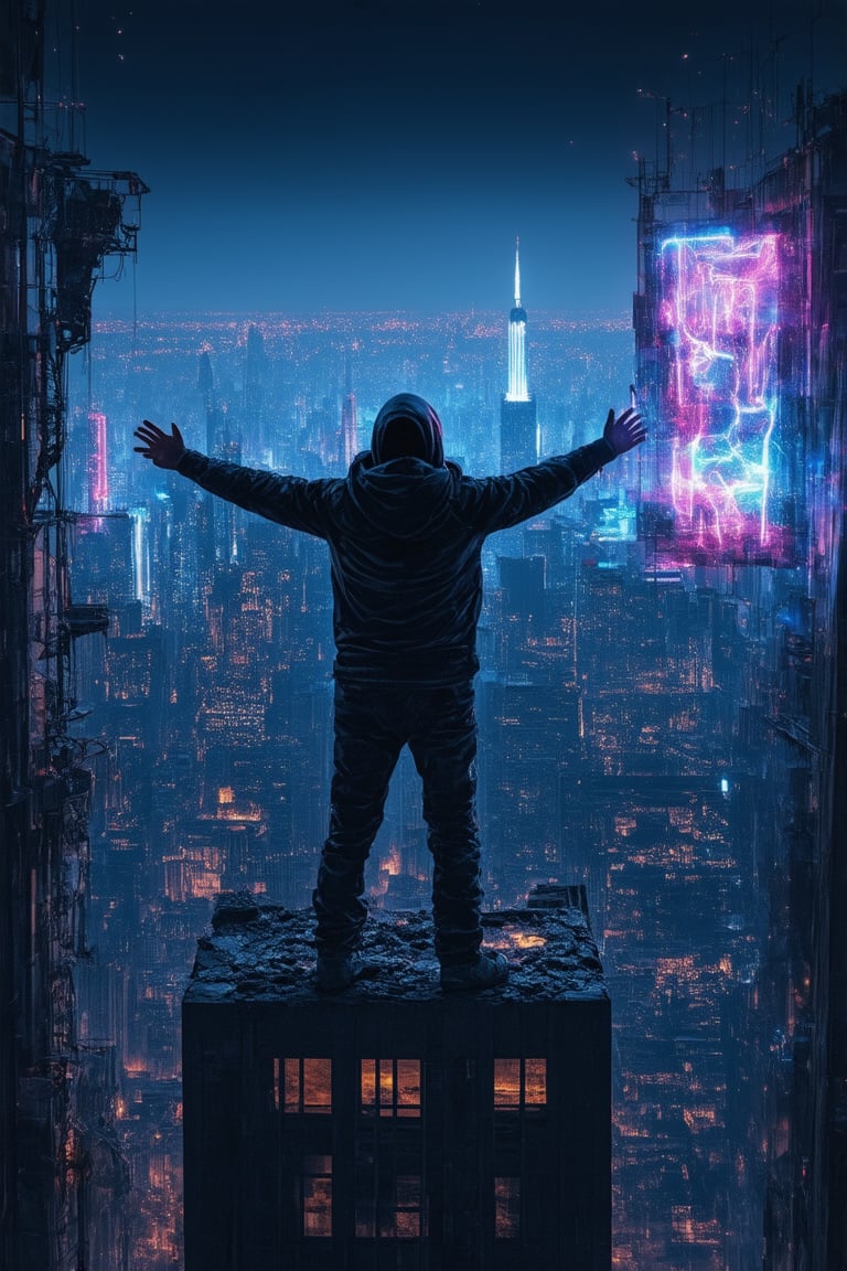 In a gritty, neon-lit cityscape, a lone hacker stands atop a crumbling skyscraper, arms outstretched as if embracing the darkening horizon. The city's sprawling metropolis stretches out before him, a tapestry of cybernetic enhancements and decaying infrastructure. A faint hum of machinery and distant sirens fill the air, punctuated by the flickering glow of holographic advertisements.