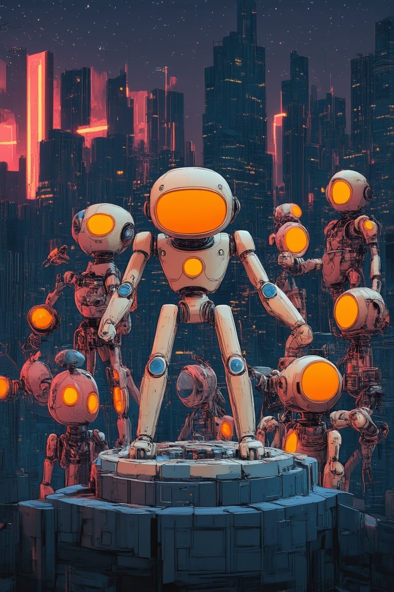 A futuristic cityscape at dusk, with sleek robotic beings of various shapes and sizes gathered in a vibrant mix of colors and metallic hues. The robots' LED eyes glow like tiny stars as they congregate around a central hub, their mechanical limbs entwined in a dynamic dance. Against a backdrop of neon-lit skyscrapers, the scene pulsates with energy and technological wonder.