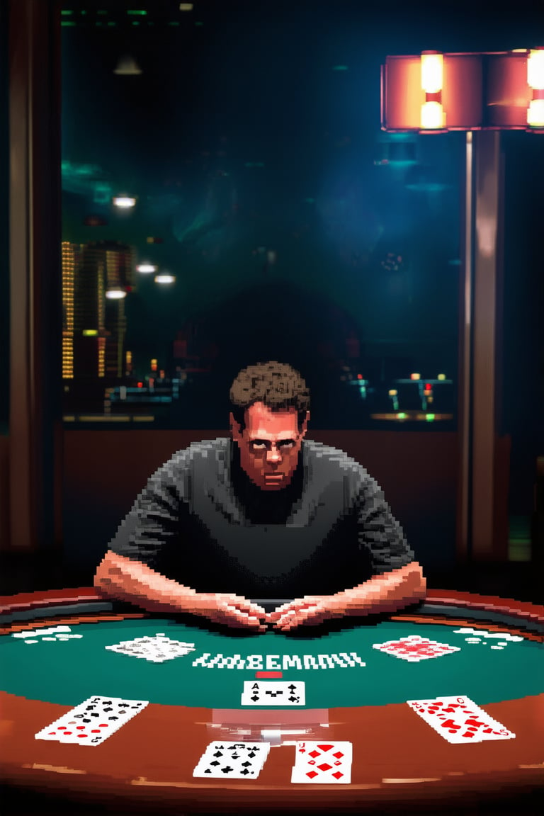 A high-stakes poker game unfolds in a smoky, dimly lit casino, neon lights reflecting off polished wood tables as players intensely focus on their cards. A lone figure, Pixel, sits at the center table, eyes locked on the dealer's hands, fingers drumming impatiently on the felt as they contemplate their next move.