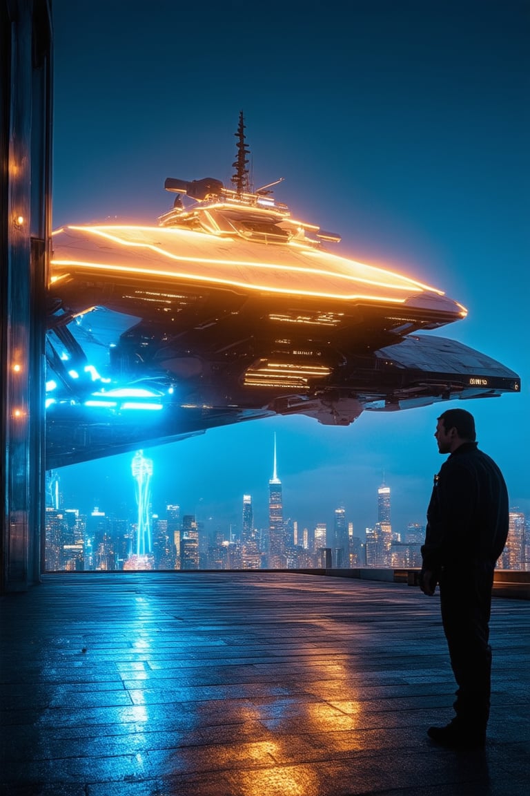 A futuristic cityscape at dusk: A sleek spaceship descends onto a neon-lit rooftop, casting a warm glow from its spotlights. The urban landscape below is bathed in a vibrant, electric blue light, reflecting off the wet pavement and illuminating the towering skyscrapers. In the foreground, a lone figure in a black jumpsuit stands at attention, backlit by the ship's radiant lights, as the city's neon signs hum with energy.