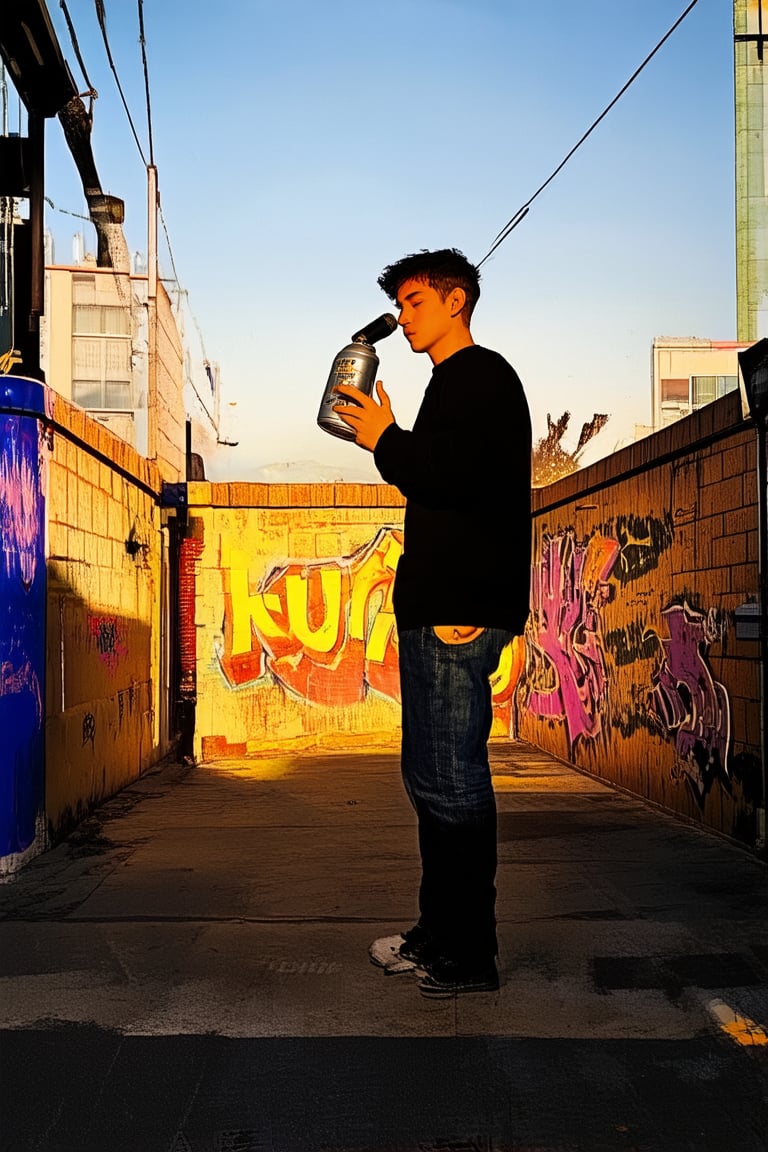 Urban alleyway at dusk, warm orange glow from streetlights casting long shadows. A young graffiti artist, 'Kun', stands confidently, spray can held aloft like a microphone, vibrant colors and bold strokes filling the brick wall behind. City sounds muffled in the background, attention focused on the artistic declaration.