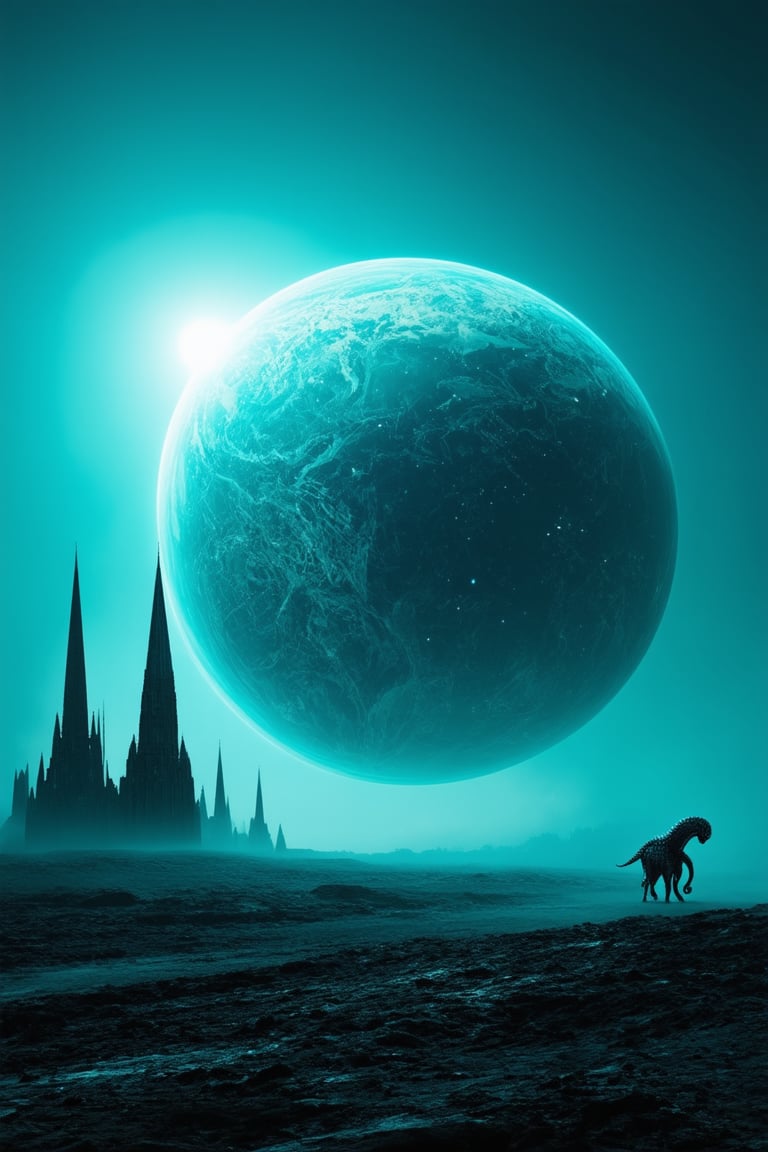 A vibrant, otherworldly landscape unfolds as the Cyan Planet comes into view. A distant sun, a deep shade of indigo, casts an eerie glow over the alien terrain. Towering, iridescent spires stretch towards the sky, their facets reflecting the cyan light in shimmering hues. In the foreground, a lone, glowing creature roams, its ethereal form undulating as it moves through the misty atmosphere. The composition is balanced by the radial symmetry of the planet's unique features, drawing the viewer's eye to the captivating, extraterrestrial beauty.