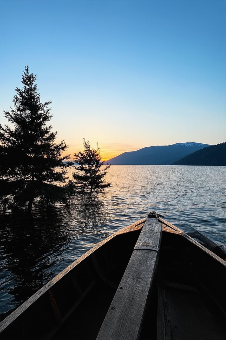 A serene landscape in Halaland, Norway, captures the tranquility of the midnight sun. A majestic fjord stretches into the distance, its calm waters reflecting the sky's soft hues. A few spruce trees stand tall, their branches gently swaying in the still air. In the foreground, a wooden boat is moored to the shore, its rustic beauty complemented by the surrounding landscape.