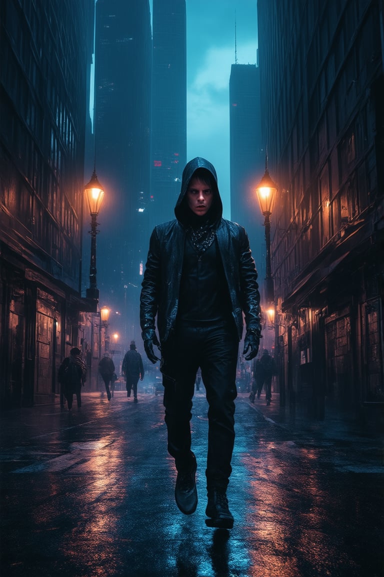 A gritty cityscape at dusk: a neon-lit metropolis sprawls before us, with towering skyscrapers and cramped alleyways. In the midst of this urban chaos, a lone figure emerges - a rebellious hacker, dressed in black leather and silver accents, their eyes gleaming with determination. Flickering streetlights cast an eerie glow on the wet pavement as they confidently stride into the shadows.