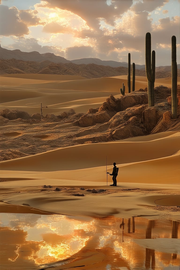 A sweeping desert landscape at sunset, with a golden glow illuminating towering sand dunes and cacti. A lone figure stands atop a rocky outcropping, silhouetted against the vibrant hues of the setting sun. The desert floor stretches out before them, blanketed in a soft layer of golden sand.