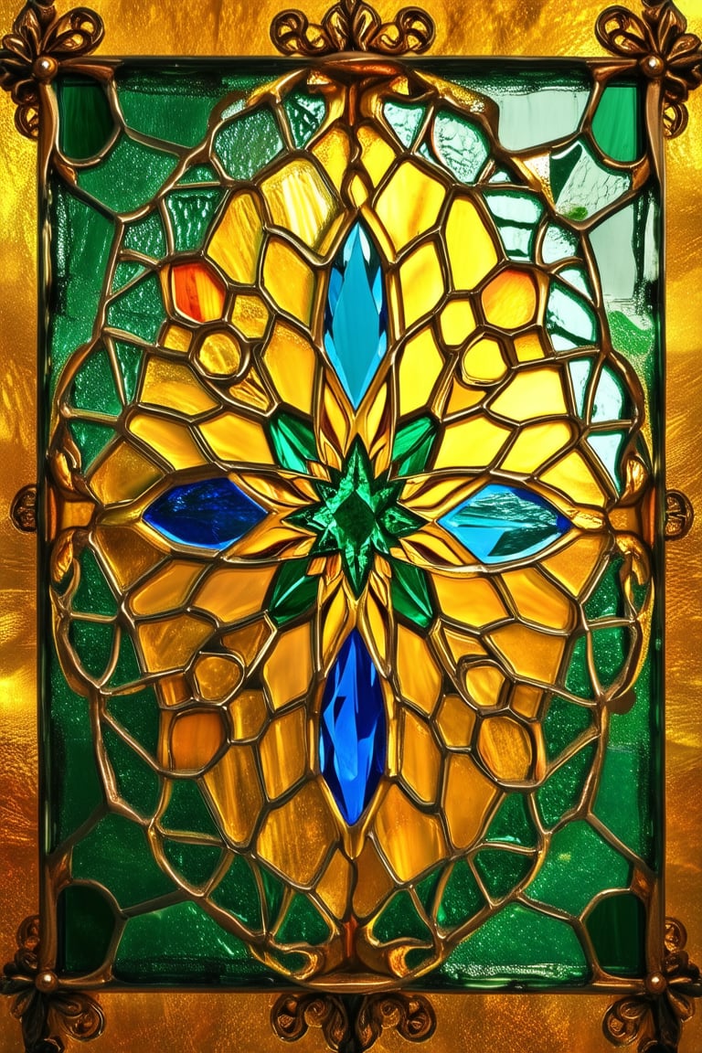 Vibrant stained glass panel set against a warm, golden light. Delicate panes of colored glass suspended within intricate metal frames, refracting and reflecting hues of emerald green, sapphire blue, and amber yellow. The artist's masterful composition creates a kaleidoscope effect, as if the colors are alive, swirling within the ornate borders.