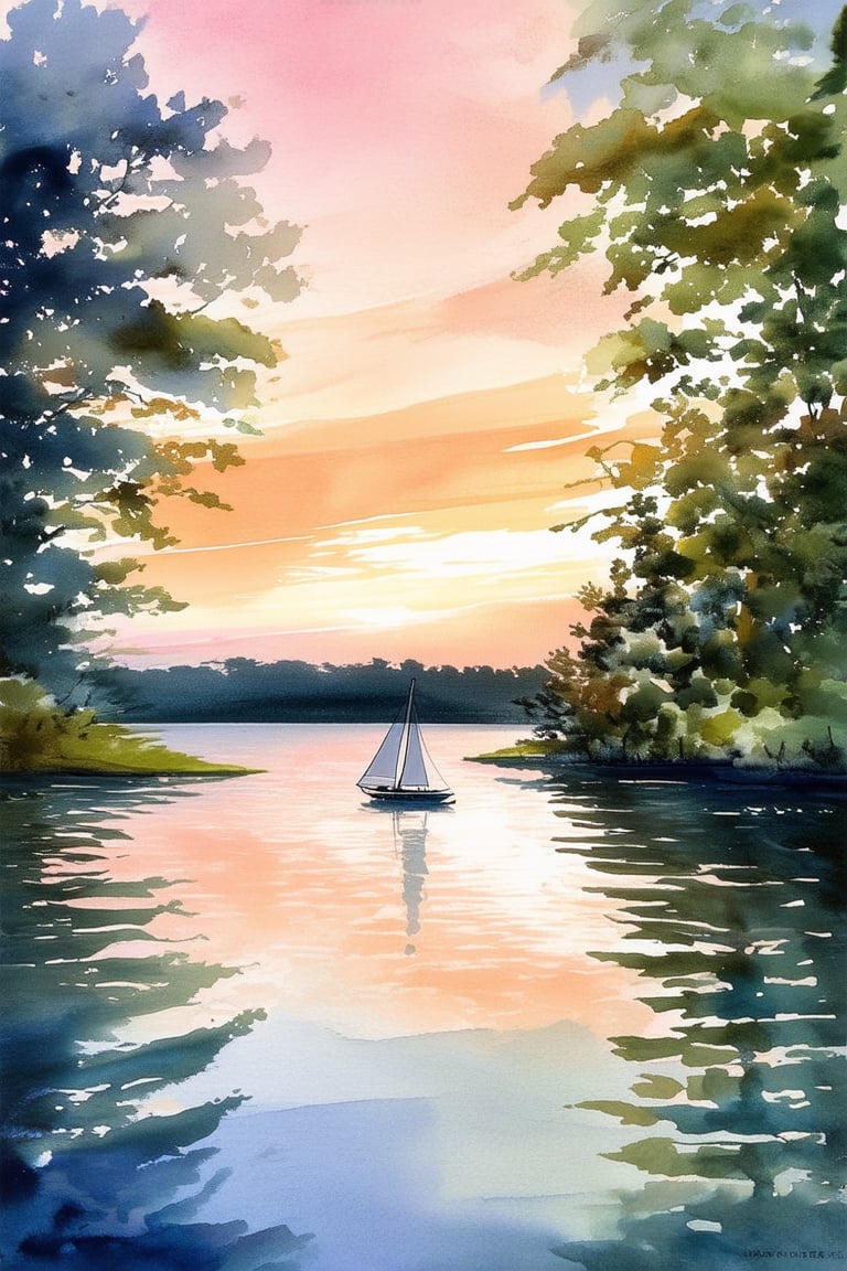 A serene watercolor painting depicts a tranquil lake scene at dusk, with gentle ripples on the surface reflecting the soft pink and orange hues of the sky. A lone sailboat drifts effortlessly across the calm water, surrounded by lush greenery and towering trees that stretch towards the heavens.