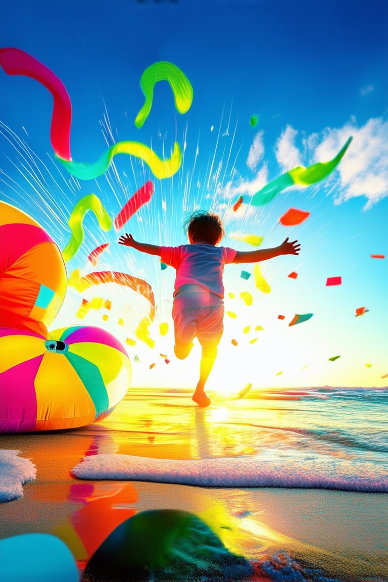 A kaleidoscope of vibrant colors explodes across a warm sun-kissed beach at golden hour, where a carefree child giggles and runs with outstretched arms, surrounded by a riot of rainbow-hued beach balls, inflatables, and fluttering ribbons, set against a bright blue sky with wispy white clouds.