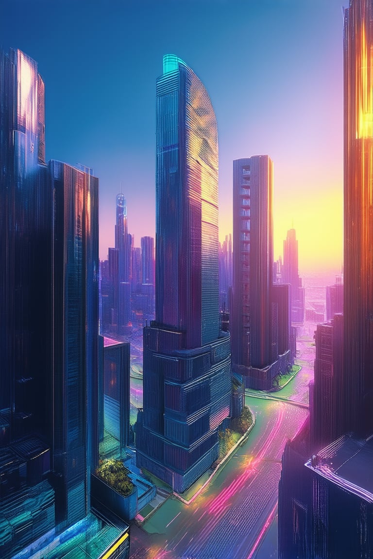 A futuristic cityscape at dusk, with sleek skyscrapers and neon-lit streets, gradually transitioning into a vibrant, gradient-toned world where architecture and nature blend seamlessly. The sky morphs from deep indigo to fiery orange, while the buildings' facades shift from metallic silver to iridescent purple, creating an otherworldly atmosphere.