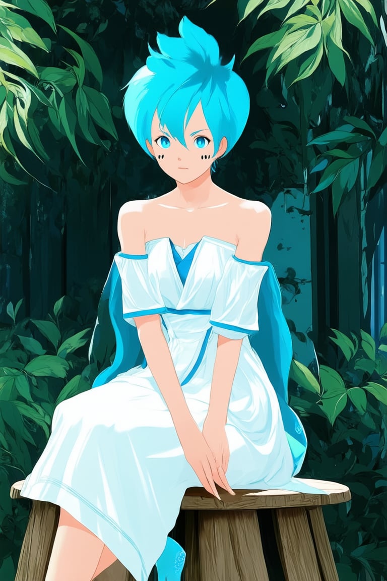 A vibrant blue-hued anime scene: A young woman with bright blue hair styled in a trendy pompadour sits confidently on a worn wooden stool, surrounded by lush greenery. Soft sunlight filters through the leaves, casting a warm glow on her porcelain skin and piercing blue eyes. Her outfit, a flowing white dress with intricate blue trim, complements the serene atmosphere.