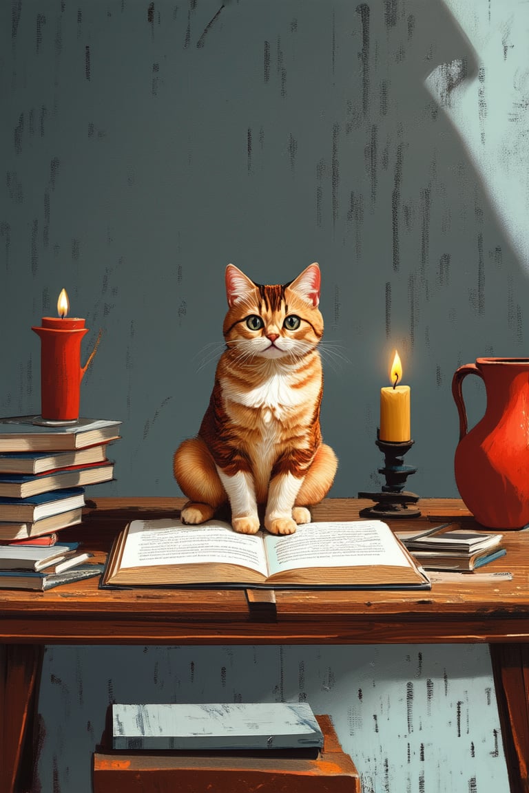 A whimsical illustration of a curious cat sitting on a worn wooden table, surrounded by scattered books and dusty vases. Soft candlelight illuminates the scene, casting warm shadows on the walls. The cat's tail twitches as it paws at an open book, its expression a mix of curiosity and contentment.